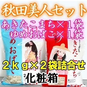 ＜産地直送JAタウン＞ 【秋田県産】 秋田美人セット（あきたこまち２ｋｇ×ゆめおばこ２ｋｇ）化粧箱画像