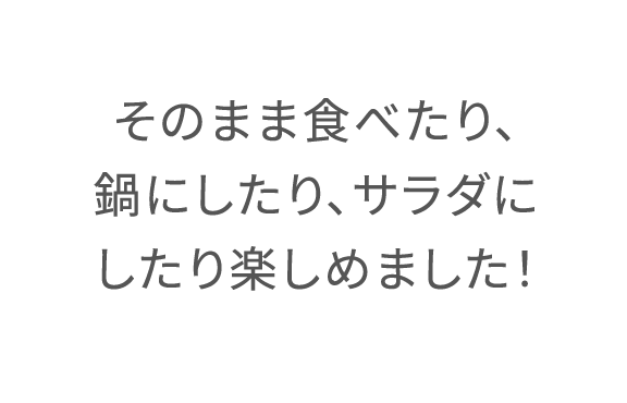 そのまま食べたり、鍋にしたり、サラダにしたり楽しめました!