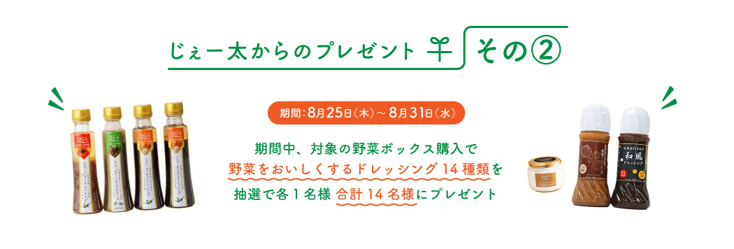 じぇー太からのプレゼントそのA 期間中、対象の野菜ボックス購入で野菜をおいしくするドレッシング14種類を抽選で各1名様 合計14名様にプレゼント