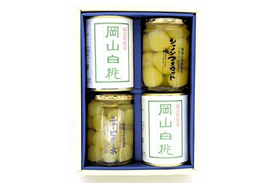 【母の日】岡山白桃缶詰とぶどう・マスカットコンポート(4つ入り)