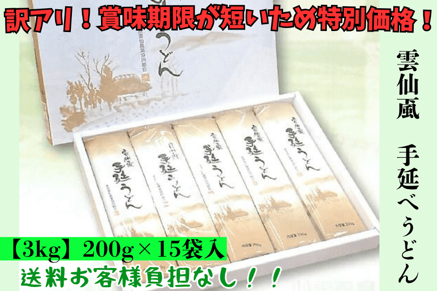 訳アリ！賞味期限が短いため特別価格！】≪3kg≫ 雲仙颪☆手延べうどん