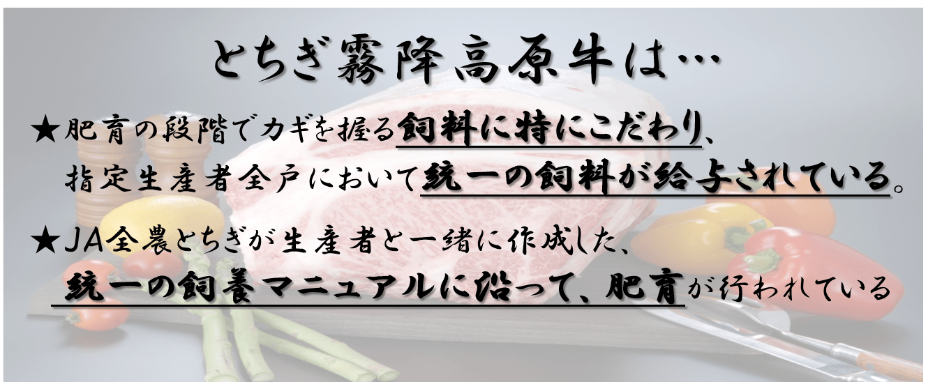 とちぎ霧降高原牛は…★肥育の段階でカギを握る飼料に特にこだわり、指定生産者全戸において統一の飼料が給与されている。★JA全農とちぎが生産者と一緒に作成した、統一の飼養マニュアルに沿って、肥育が行われている